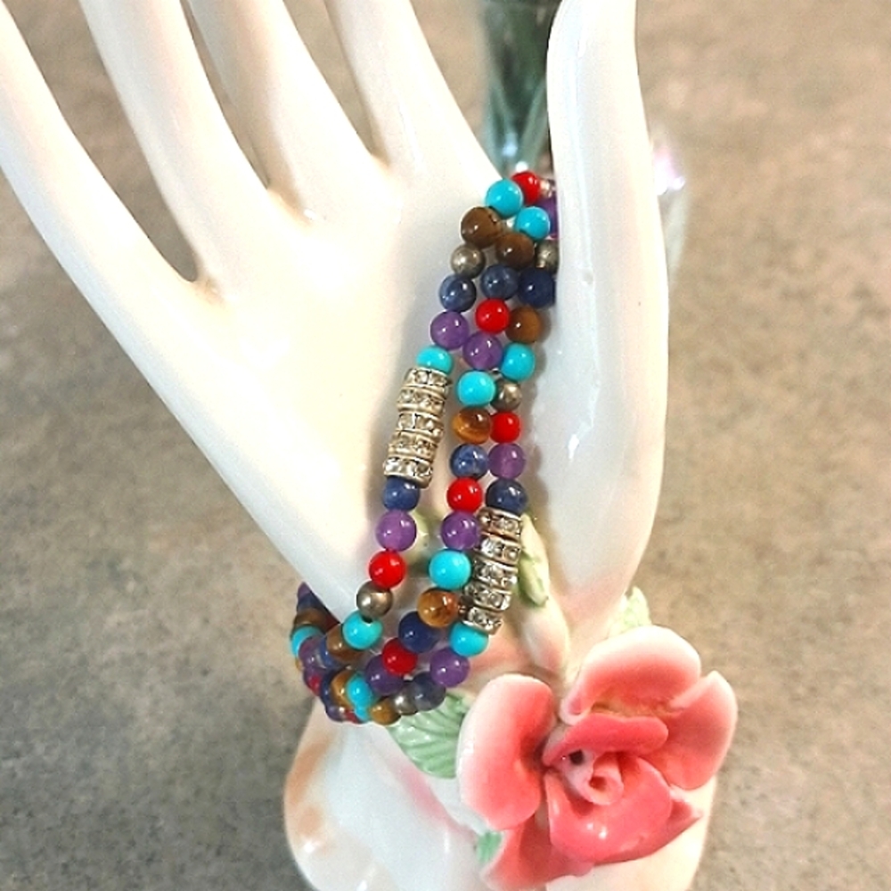 🩵❤️💜Belk Silverworks Sterling Silver Multicolor Bead/CZ Stretch Bracelet Set